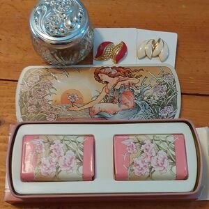 Vintage Avon Victorian Soap Set In Tin 2 Pair Enamel Earrings Glass Trinket Dish